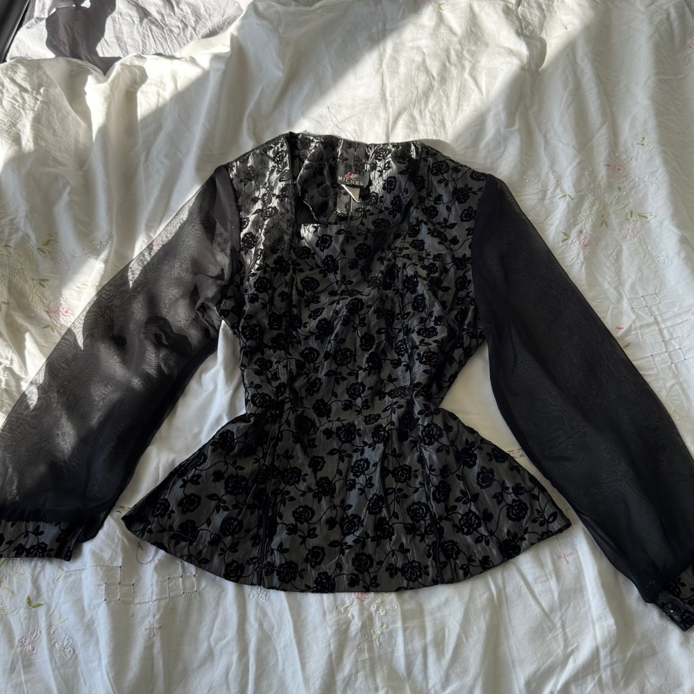 Michel USA Vintage Black Flocked Floral Sheer Sleeve Blouse L - Picture 2 of 10